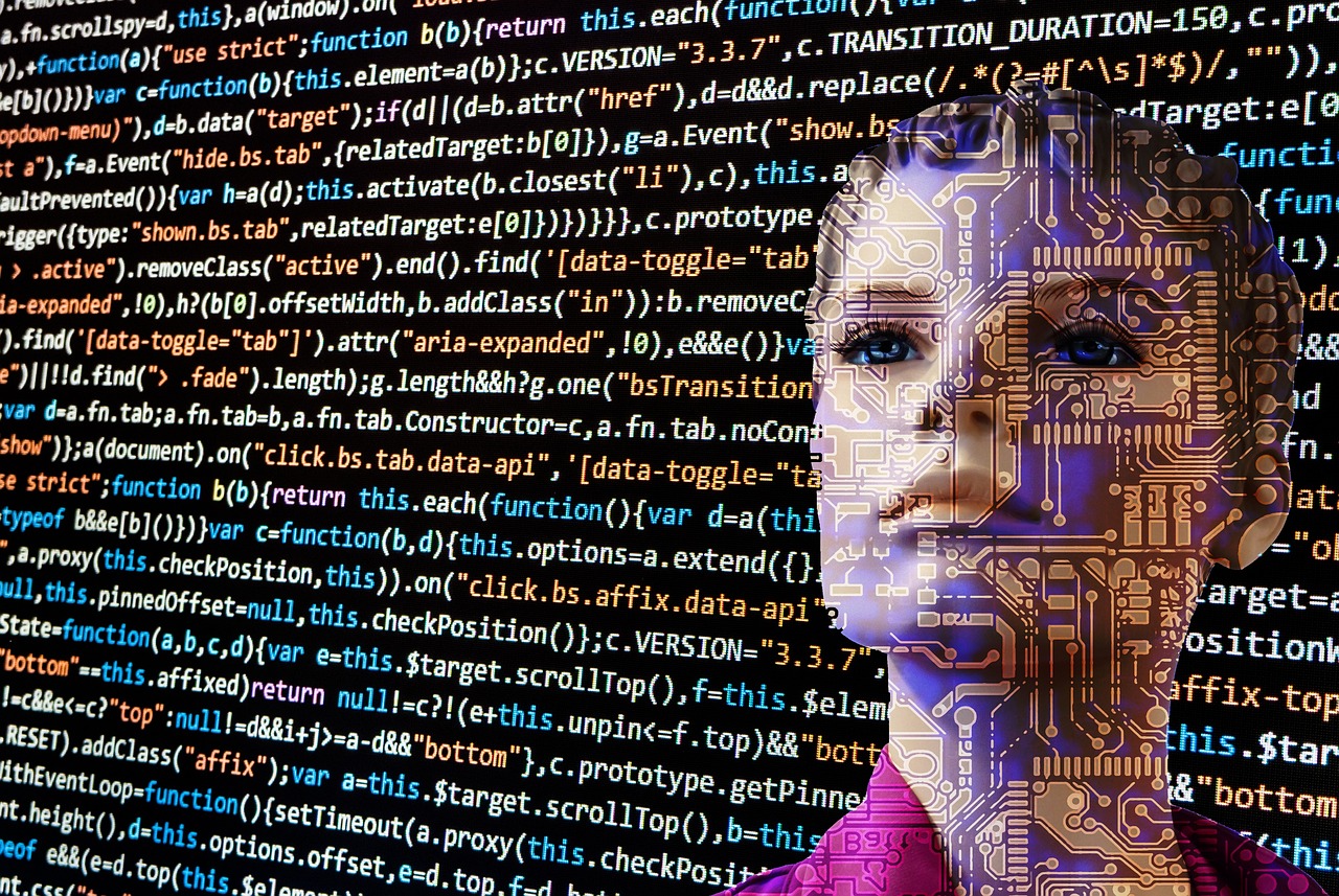 robot-woman-in-pink-shirt-behind-wall-of-data