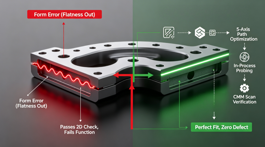 3D cross-section infographic contrasting a part that passes traditional linear tolerances but fails functionally due to form error (left) with a part achieving perfect fit through sub-micron geometric fidelity enabled by 5-axis optimization and closed-loop metrology (right), as detailed in the H2-1 section on Fictiv’s processes.