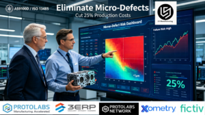 An aerospace procurement director and a senior manufacturing engineer in a modern command center analyze a real-time micron-level geometric defect map on a dashboard, highlighting failure risk and 25% cost avoidance, with a complex 5-axis CNC aerospace part in hand.
