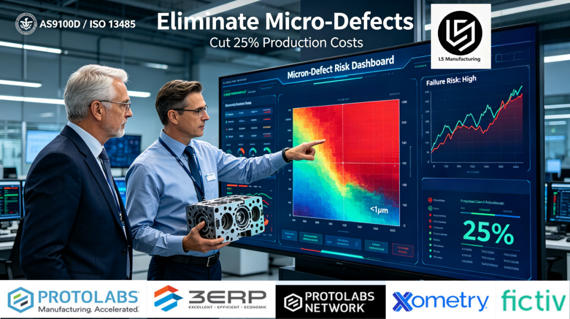 An aerospace procurement director and a senior manufacturing engineer in a modern command center analyze a real-time micron-level geometric defect map on a dashboard, highlighting failure risk and 25% cost avoidance, with a complex 5-axis CNC aerospace part in hand.